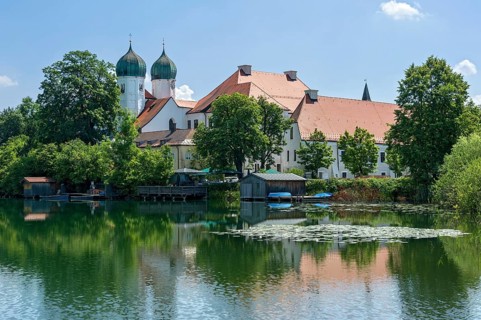 Romanesque Benedictine Abbey Seeon Monastery, monastery church St. Lambert, reflection in the