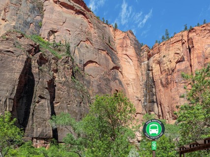 Shuttle Stop #9 at the Temple of Sinawava at the end of the Zion Canyon shuttle route in Zion