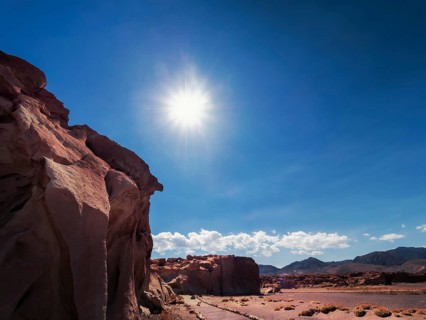 Red rock formations at the ancient petroglyphs in the Atacama Desert, Chile, South America