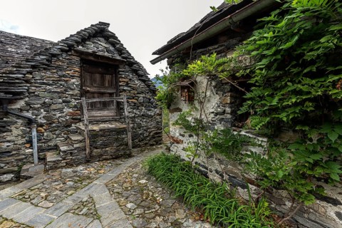 Typical Ticino stone houses in the mountain village of Bordei, Centovalli, Canton Ticino,