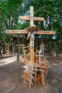 Wooden cross with inscriptions surrounded by other crosses in a forest, cross forest on the holy