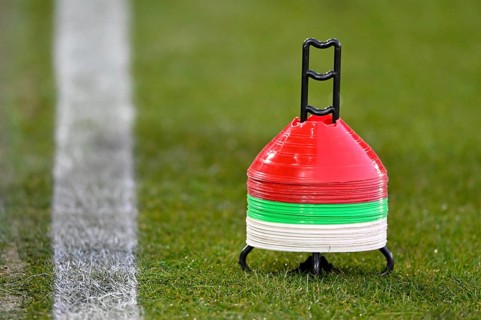 Stand with marking caps, marking discs, cones for football training, grass, WWK Arena, Augsburg,
