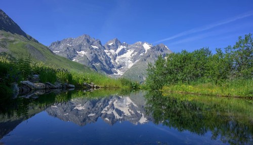 Pointe Piaget and La Meije reflected in the pond of the botanical garden Jardin du Lautaret,