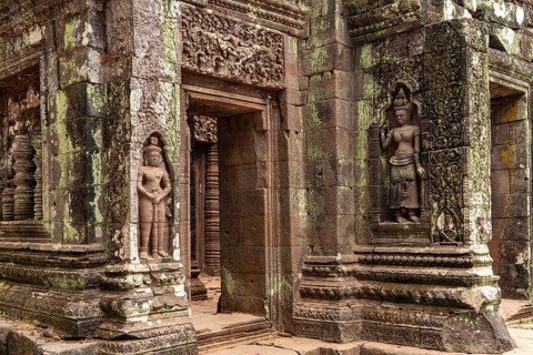 Apsara reliefs at the sanctuary of the mountain temple Wat Phu, Champasak province, Laos, Asia