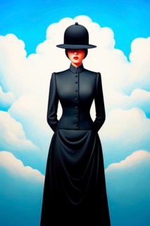 Surrealist representation of a woman in black dress with a bowler hat, AI generated