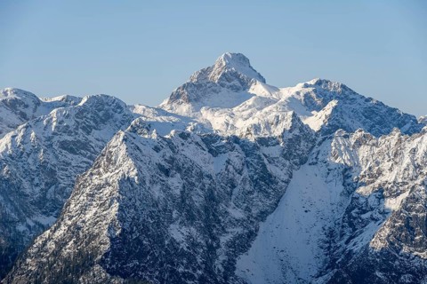 Steep rocky mountain peaks with snow, summit Großer Hundstod, from Jenner, Berchtesgaden National