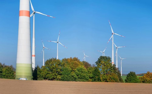 Wind turbines, blue sky, Schönberg, Mecklenburg-Western Pomerania, Germany, Europe