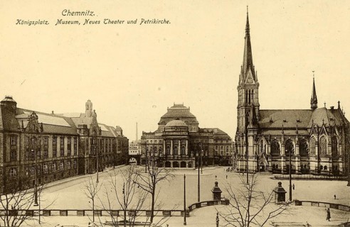 Königsplatz, Museum, Neues Theater, Petrikirche, Chemnitz, 1911, Saxony, Germany, digitally