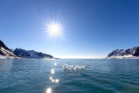 Melting ice in summer floating in Magdalenefjorden, fjord in Albert I Land on Svalbard,