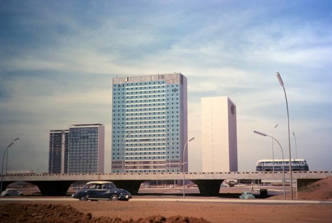 Modern architecture street system skyscrapers Brasilia, Federal District, Brazil in 1962