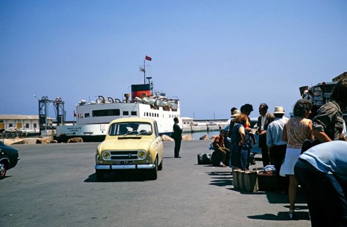 Ferry Mons Calpe of London, built in 1954, passengers waiting to embark, harbour of Tangier,