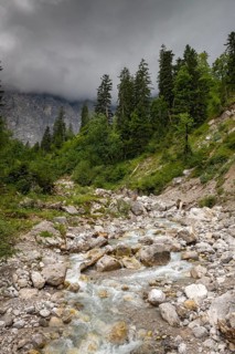 Stream in Enger-Grund in summer, behind it the Laliderer walls, Enger-Grund, Karwendel Mountains,