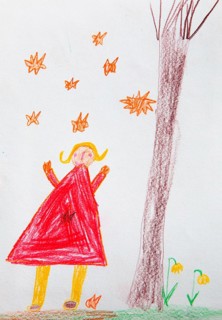 Naive illustration, children's drawing, girl standing in a flower meadow