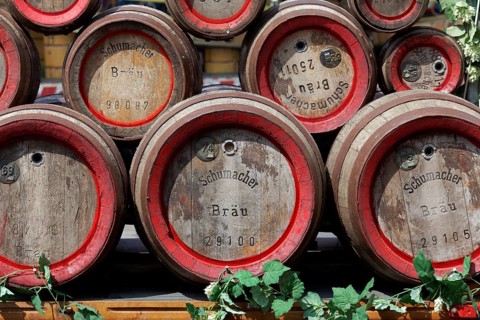 Stacked beer barrels from the Düsseldorf Altbierbrauerei Schumacher, Düsseldorf, North