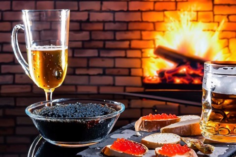 Different kinds of caviar with bread and beverages, AI generated