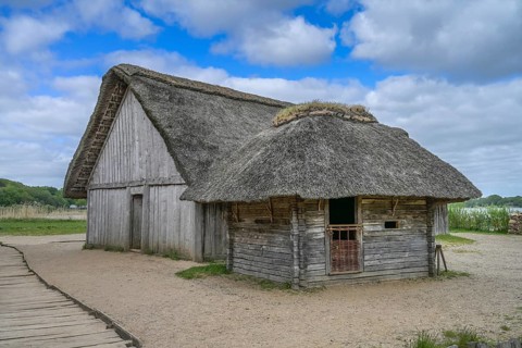 Thatched historic house, village, Viking Museum Haithabu, Schleswig, Schleswig-Holstein, Germany,