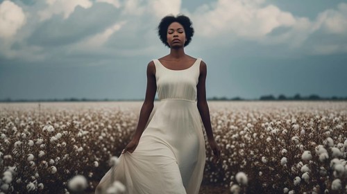 Contemplative mysterious african american woman standing amidst the cotton field. generative AI