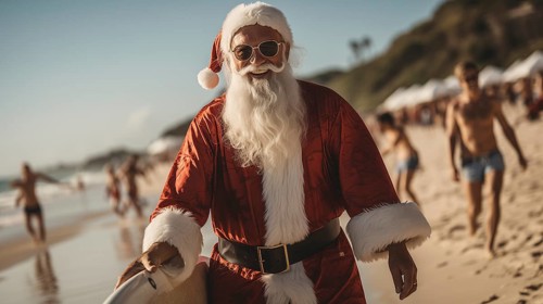 Jolly santa claus wearing sunglasses standing next to his surfboard on the beach. generative AI