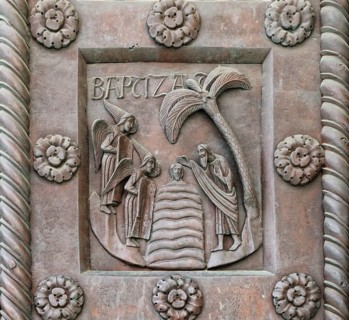 John the Baptist baptising Jesus in the Jordan, detail Porta di San Ranieri, sculptor Bonanus of