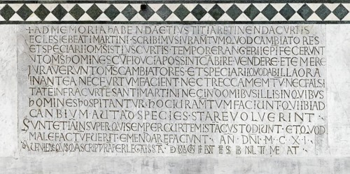 Medieval inscription for the money changers' guild, Romanesque, main façade, cathedral, Cattedrale