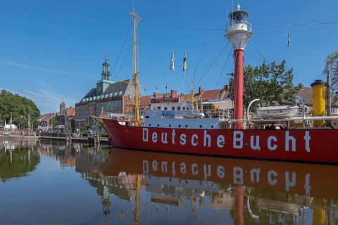 Town Hall with East Frisian State Museum, Lightship German Bight, Ratsdelft, Emden, East Frisia,