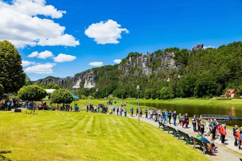 Rathen in Saxon Switzerland, queue for the ferry across the Elbe River