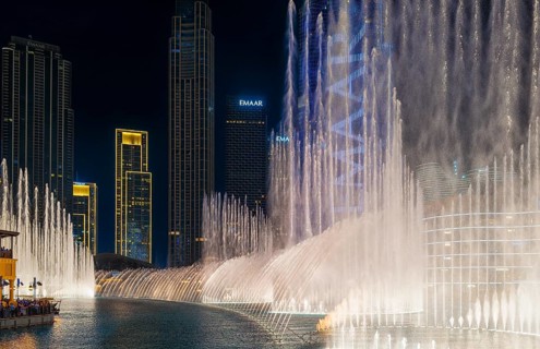 Night shot, water feature in Burj Khalifa Lake, Burk Khalifa, Downtown, Dubai, United Arab