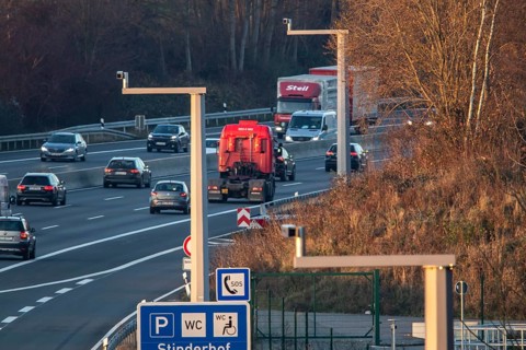 Motorway A3 between Düsseldorf and Leverkusen, near Erkrath, video cameras monitor traffic, check