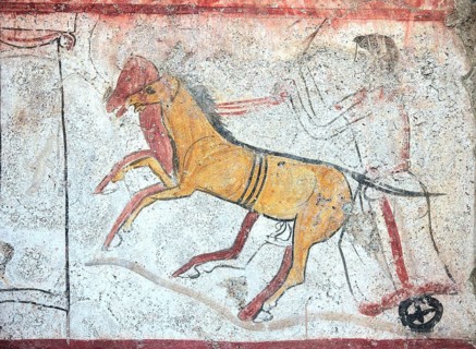 Tomb painting from a chamber tomb from ca 480 B. C. Lucanian period, in the Museum of Paestum,