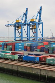 Container terminal cranes in the port of Zeebrugge, Belgium, Europe