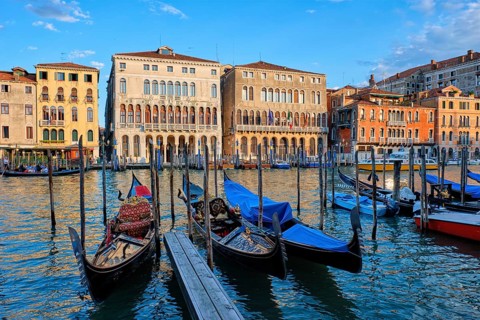 Grand Canal with boats and gondolas on sunset, Venice, Italy, Europe