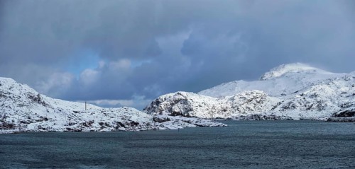 Panorama of norwegian fjord in winter, Lofoten islands, Norway, Europe