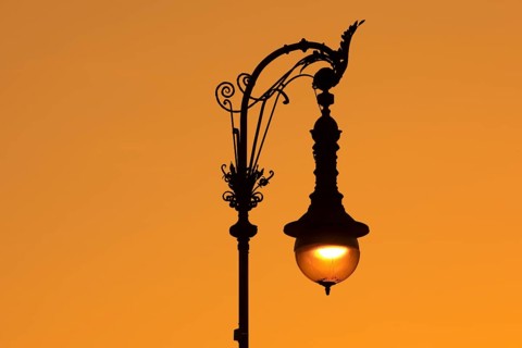 Old Berlin gas lantern at sunset, Berlin, Germany, Europe