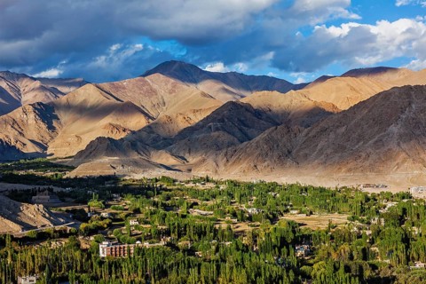 View of Leh from above from Shanti Stupa on sunset. Ladakh, Jammu and Kashmir, India, Asia