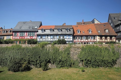 Half-timbered houses with moat, Höchst, Main, Frankfurt, Hesse, Germany, Europe