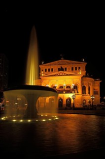 Lucae Fountain with Old Opera House, night shot, illumination, lighting, artificial light, Opera