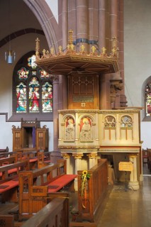 Interior view with pulpit of the neo-Gothic St. Peter's Church, Heppenheim, Bergstrasse, Hesse,