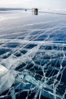Cars on the ice of Lake Baikal, Olkhon Island, Pribaikalsky National Park, Irkutsk Province,