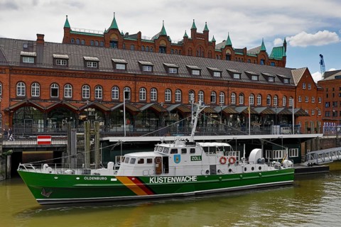 German Customs Museum in Speicherstadt with the Coast Guard Museum Ship Oldenburg, Hamburg,