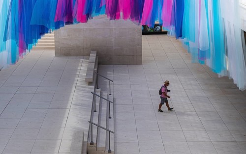 Colourful silk curtains at the CaixaForum, cultural centre in the former Fabrica Casaramona,