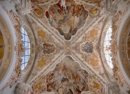 Interior photograph of ceiling frescoes, ceiling painting, monastery basilica, monastery church,