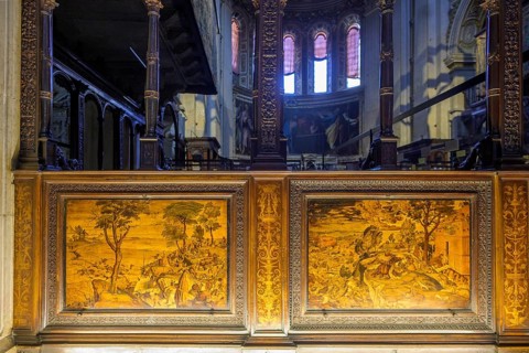 Wood inlays in the Basilica of Santa Maria Maggiore, Bergamo, Province of Bergamo, Italy, Europe