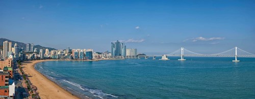 BUSAN, SOUTH KOREA, APRIL 11, 2017: Panorama of Gwangalli Beach and Gwangan bridge in Busan, a