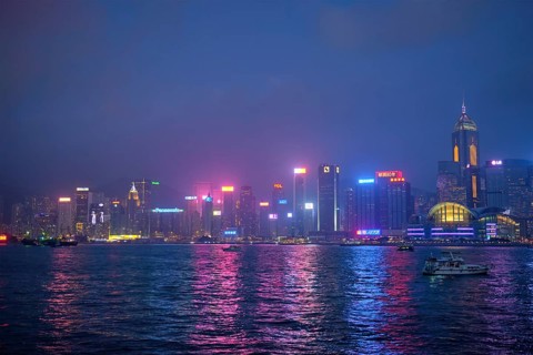 HONG KONG, CHINA, APRIL 28, 2018: Hong Kong skyline cityscape downtown skyscrapers over Victoria