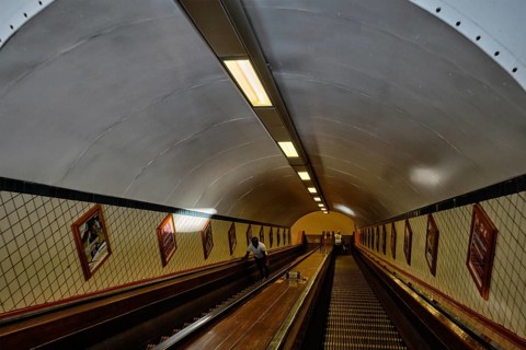 ANTWERP, BELGIUM, MAY 26, 2018: St. Anna's Tunnel Pedestrians' with wooden escalators under river