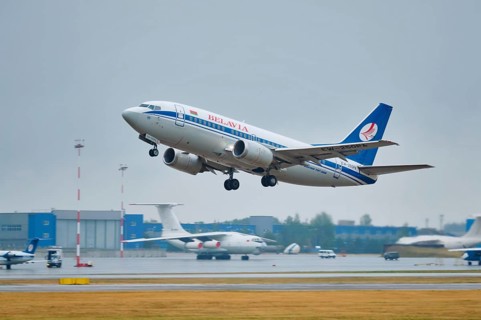 MINSK, BELARUS, JUNE 15, 2018: Belavia belarusian airlines flight Boeing 737-500 plane taking off