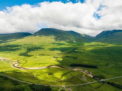 Loch Tulla and Beinn Dorain from a drone, Glen Coe, Highlands, Scotland, UK