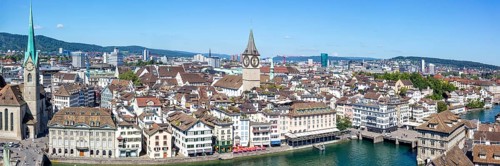Zurich skyline from above with river Limmat panorama in Zurich, Switzerland, Europe