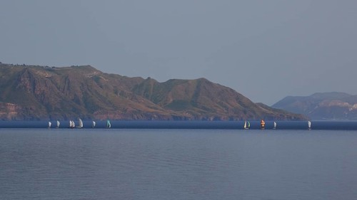 Sailing boats, sailing regatta, Lipari, Rinella, south coast, Salina, Aeolian Islands, Sicily,
