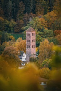 Owl tower of the historic monastery in autumn, Hirsau, Calw, Black Forest, Germany, Europe